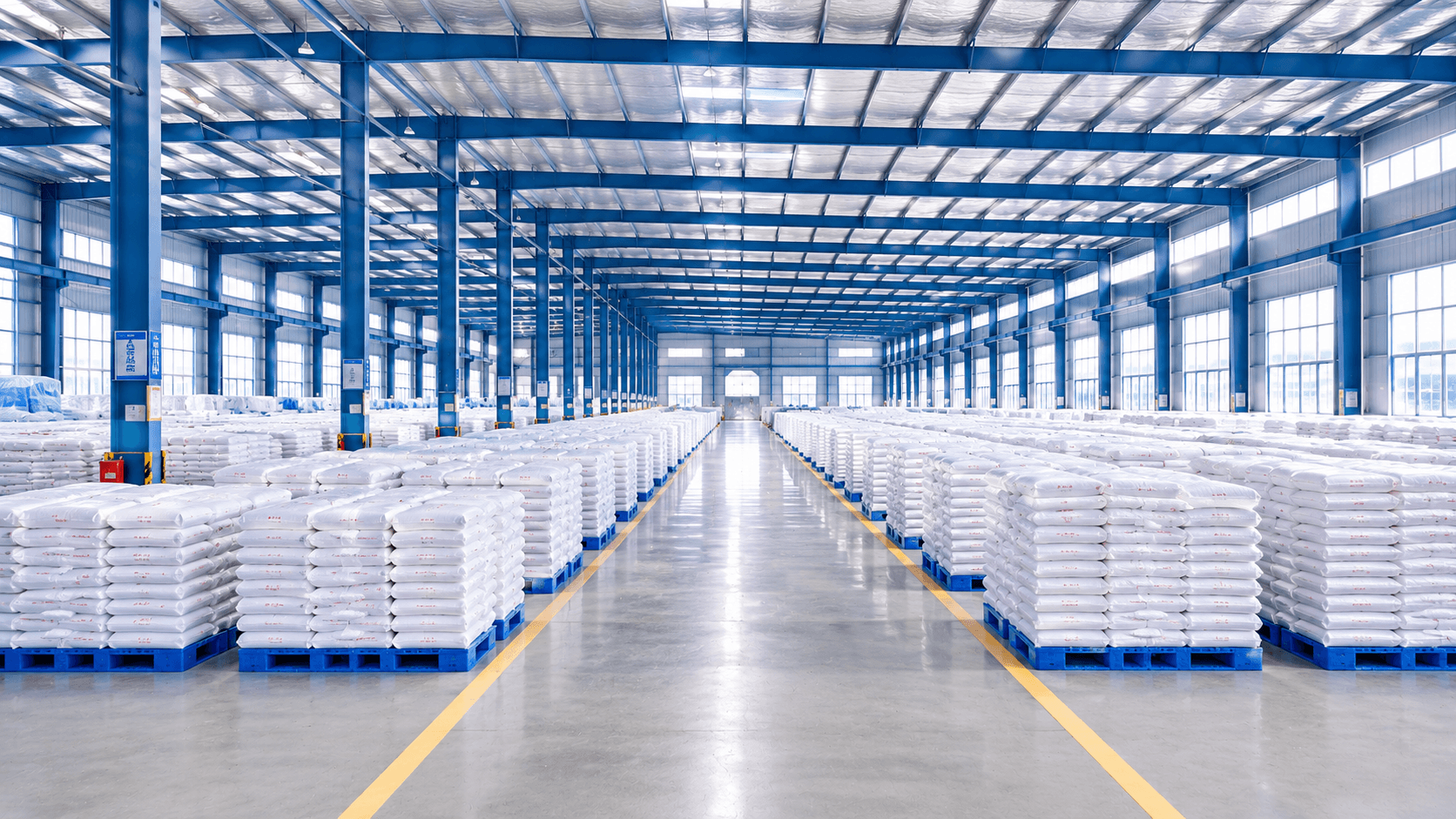 Finished goods warehouse with packed sodium metasilicate products